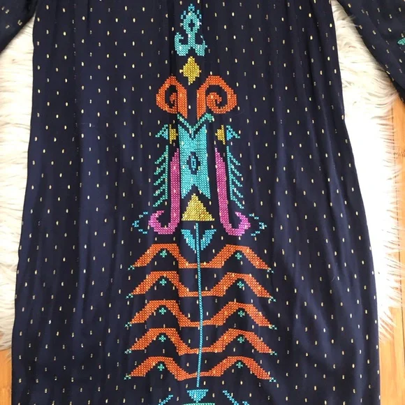 Zara Actez Tribal Geometric Metallic Long Sleeves Colorful Navy Shirtdress M - Picture 11 of 15